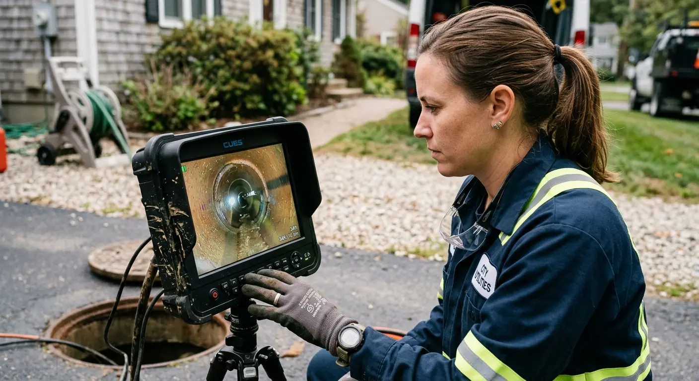 Technician reviewing sewer camera inspection footage in Demopolis