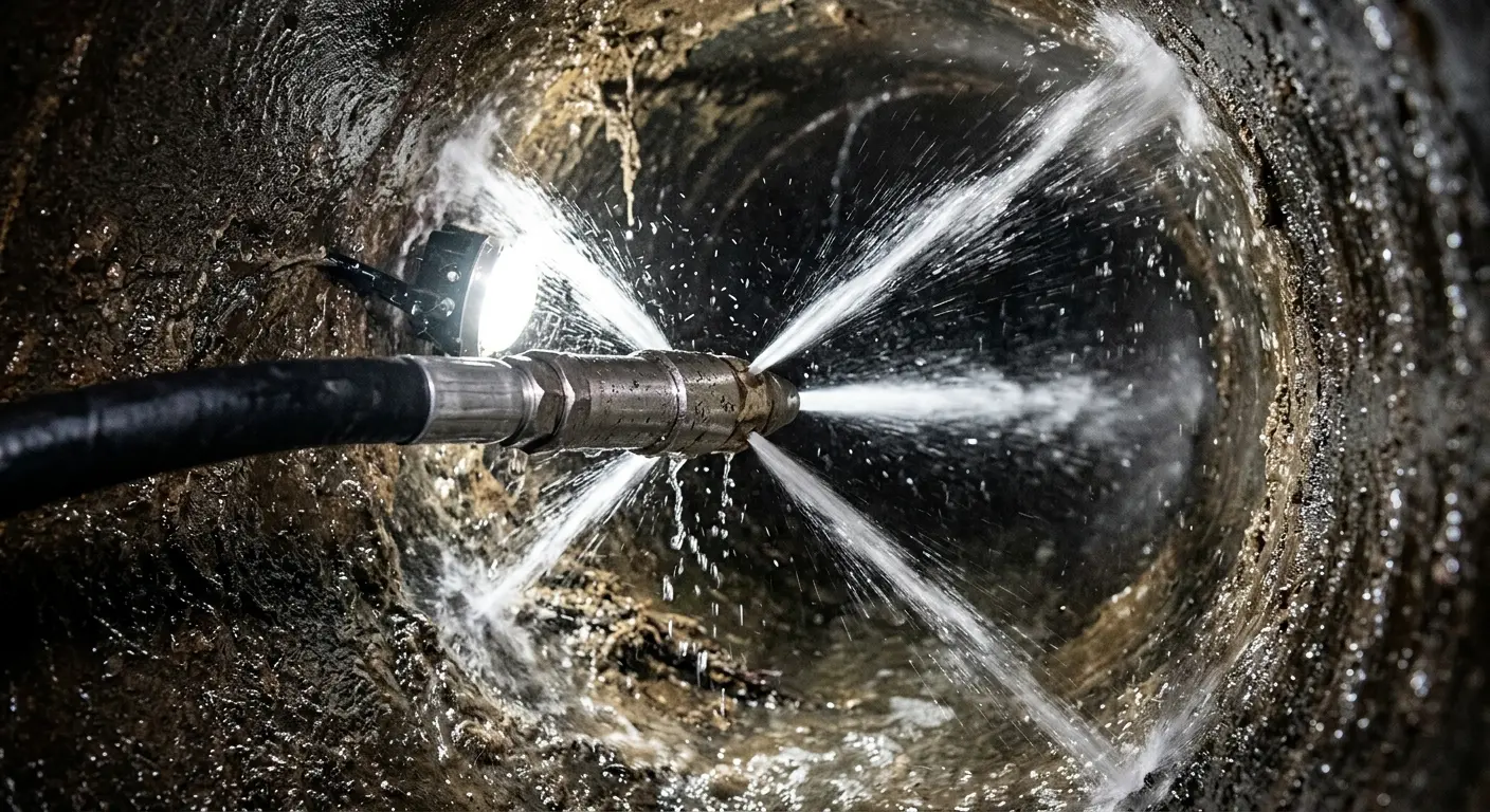 High-pressure hydro jetting nozzle cleaning sewer pipe for Emergency Drain Service in Demopolis