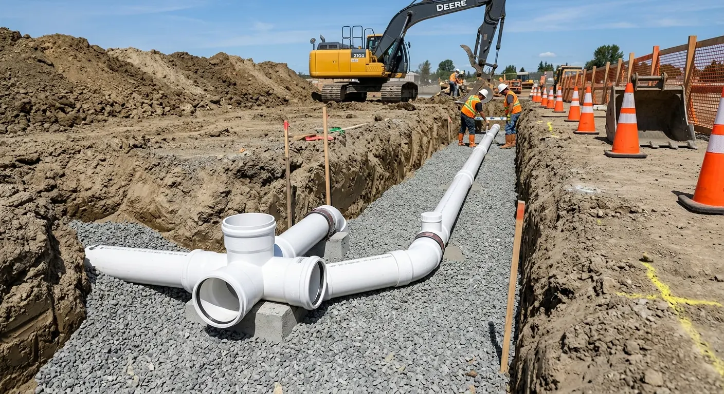 New PVC sewer pipe installation in open trench for Sewer Backup in Demopolis